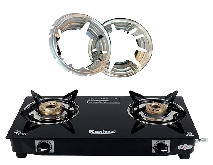 Khaitan 2 Burner Nano Black Toughened Glass | LPG Cooktop I Manual Ignition Stove | Ergonomic I Gas Stove + Hindflame Gas Saver Stand Premium Silver Colour (2B Nano & Gas Saver Combo) - Image 1