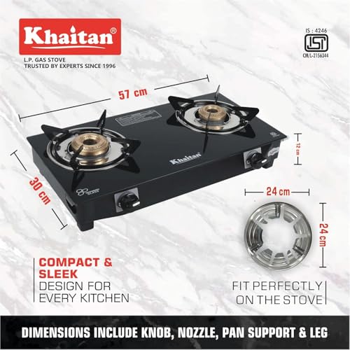 Khaitan 2 Burner Nano Black Toughened Glass | LPG Cooktop I Manual Ignition Stove | Ergonomic I Gas Stove + Hindflame Gas Saver Stand Premium Silver Colour (2B Nano & Gas Saver Combo) - Image 2