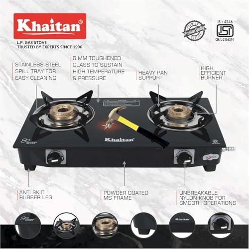 Khaitan 2 Burner Nano Black Toughened Glass | LPG Cooktop I Manual Ignition Stove | Ergonomic I Gas Stove + Hindflame Gas Saver Stand Premium Silver Colour (2B Nano & Gas Saver Combo) - Image 4