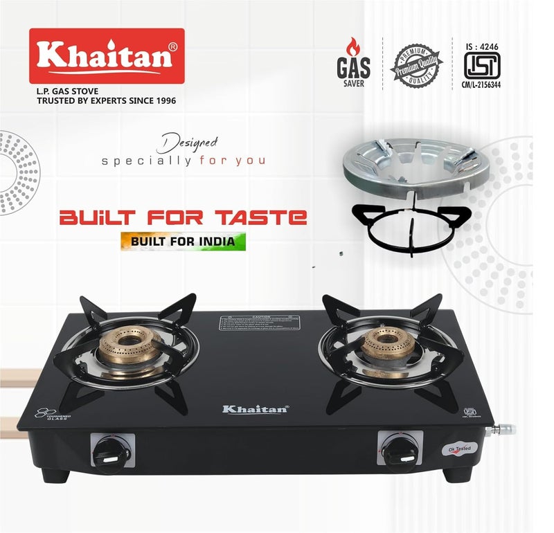 Khaitan 2 Burner Nano Black Toughened Glass | LPG Cooktop I Manual Ignition Stove | Ergonomic I Gas Stove + Hindflame Gas Saver Stand Premium Silver Colour (2B Nano & Gas Saver Combo) - Image 3