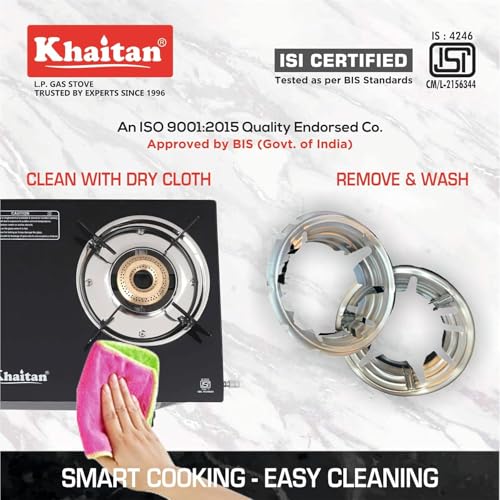Khaitan 2 Burner Nano Black Toughened Glass | LPG Cooktop I Manual Ignition Stove | Ergonomic I Gas Stove + Hindflame Gas Saver Stand Premium Silver Colour (2B Nano & Gas Saver Combo) - Image 5