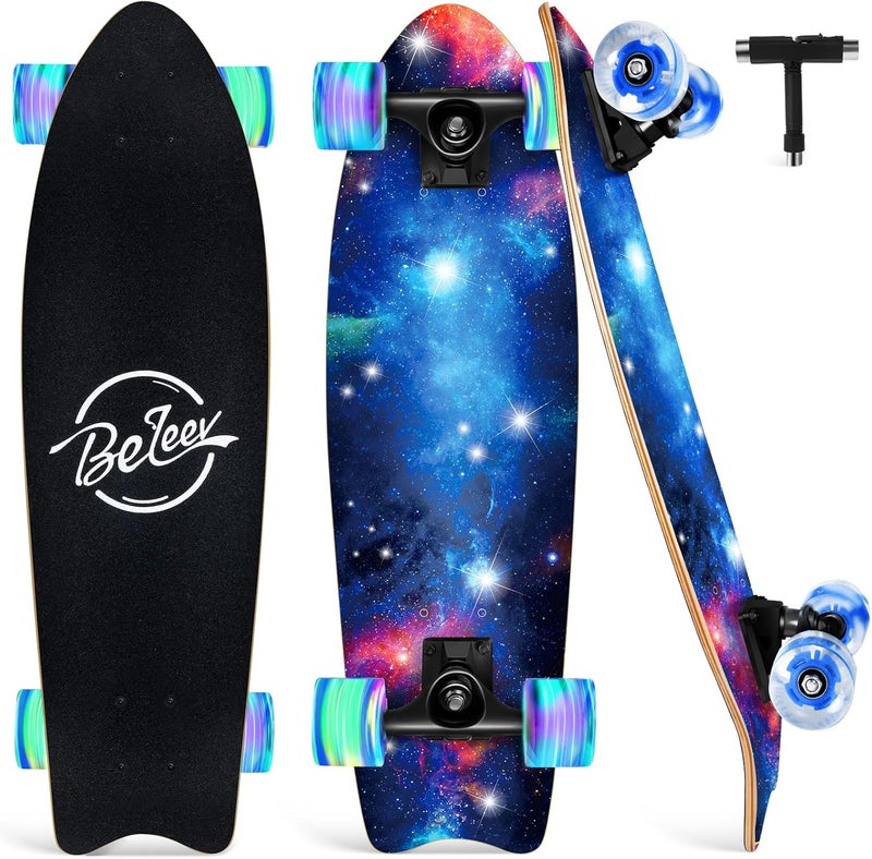 BELEEV Cruiser Skateboards for Beginners, 27 x 8 inch Complete Skateboard for Kids Teens Adults, 7 Ply Canadian Maple Double Kick Deck Concave Skateboard with Skate T-Tool - Image 1