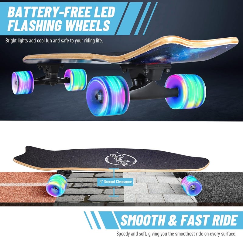 BELEEV Cruiser Skateboards for Beginners, 27 x 8 inch Complete Skateboard for Kids Teens Adults, 7 Ply Canadian Maple Double Kick Deck Concave Skateboard with Skate T-Tool - Image 2
