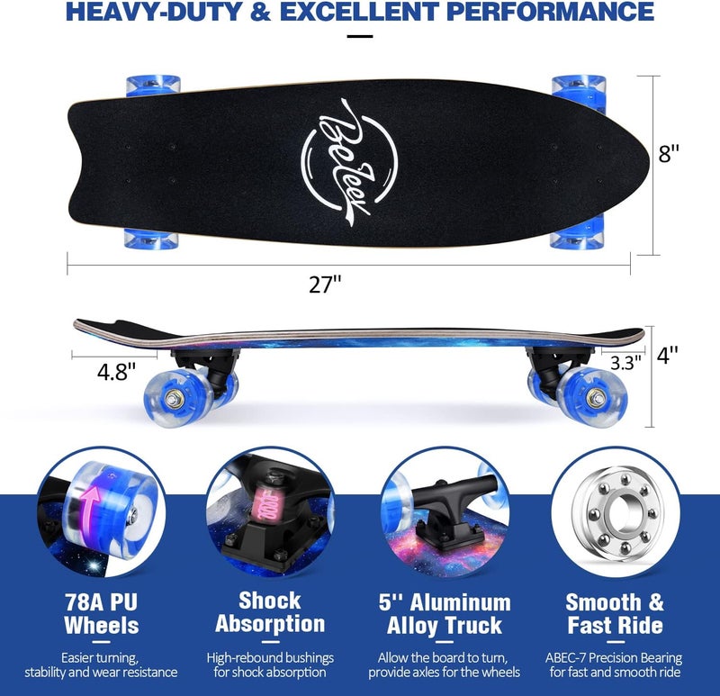 BELEEV Cruiser Skateboards for Beginners, 27 x 8 inch Complete Skateboard for Kids Teens Adults, 7 Ply Canadian Maple Double Kick Deck Concave Skateboard with Skate T-Tool - Image 3