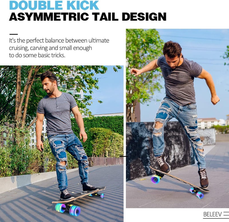 BELEEV Cruiser Skateboards for Beginners, 27 x 8 inch Complete Skateboard for Kids Teens Adults, 7 Ply Canadian Maple Double Kick Deck Concave Skateboard with Skate T-Tool - Image 5