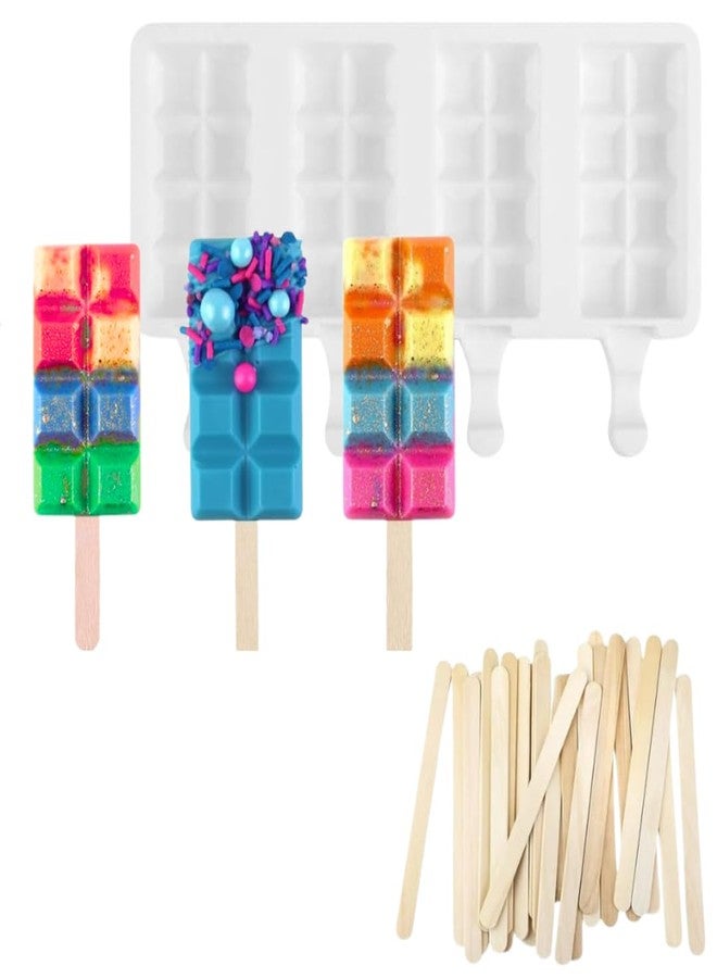 LEGACYCART Chocolate Bar Shape Popsicle Molds Silicone Ice Pop Molds 4 Cavities Mold with 50 Sticks for Kids Adults Ice Cream Mold Cakesicles Mould DIY Popsicle Maker Homemade Popsicle (Pack of 2) - Image 1
