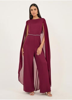 Styli Faux Pearl Detail Waist Cape Sleeves Wide Leg Tailored Jumpsuit  - Image 2