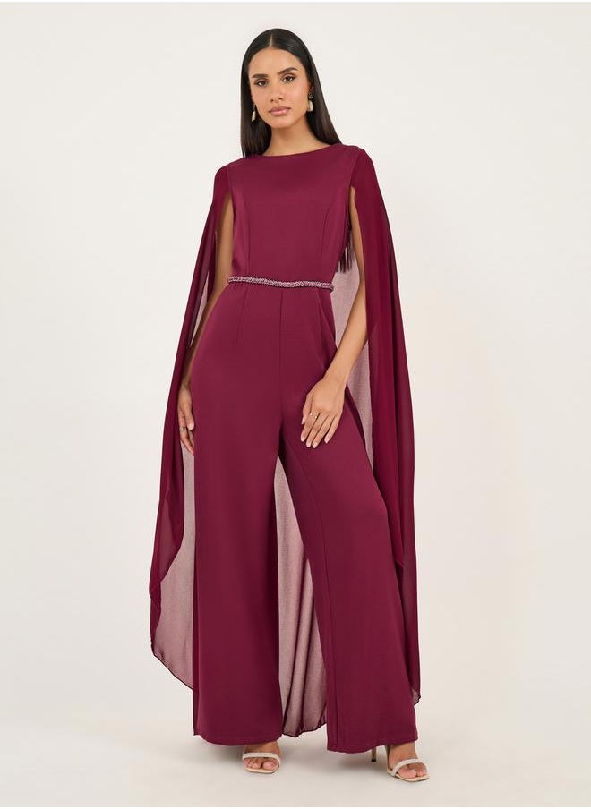 Styli Faux Pearl Detail Waist Cape Sleeves Wide Leg Tailored Jumpsuit  - Image 2