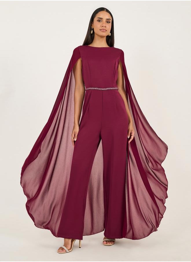 Styli Faux Pearl Detail Waist Cape Sleeves Wide Leg Tailored Jumpsuit  - Image 1