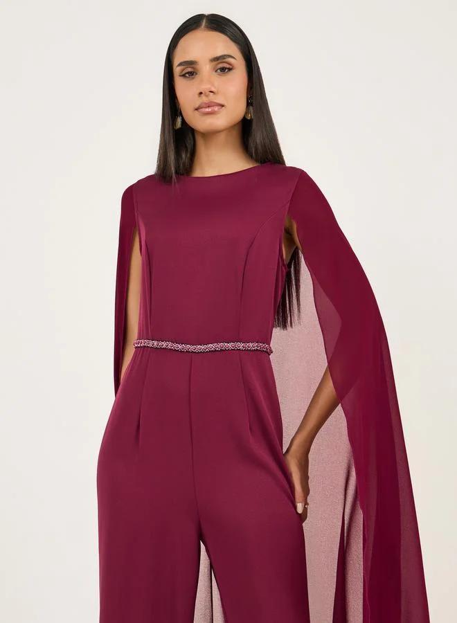Styli Faux Pearl Detail Waist Cape Sleeves Wide Leg Tailored Jumpsuit