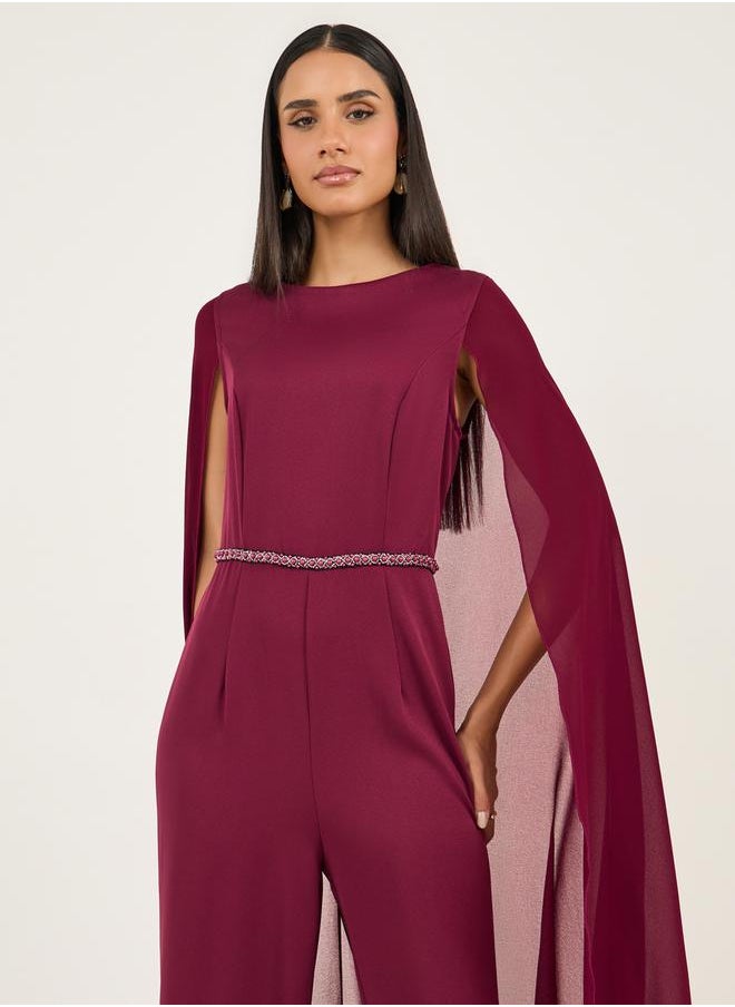 Styli Faux Pearl Detail Waist Cape Sleeves Wide Leg Tailored Jumpsuit  - Image 3