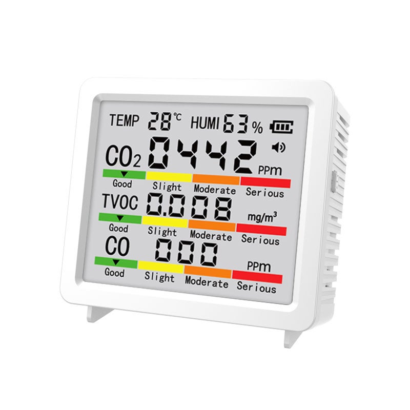 Air Quality Monitor: White LCD Display Monitor - Real-Time CO2 TVOC CO Temperature Humidity Tracking, 4-Color Indicator, Dual Power Supply for Indoor Home Office Use - Image 1