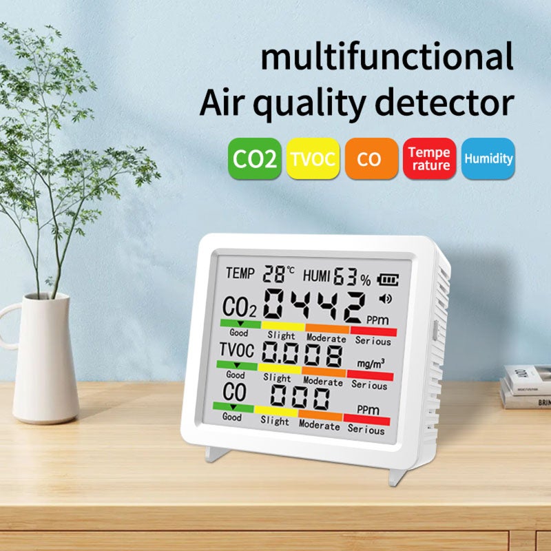Air Quality Monitor: White LCD Display Monitor - Real-Time CO2 TVOC CO Temperature Humidity Tracking, 4-Color Indicator, Dual Power Supply for Indoor Home Office Use - Image 2