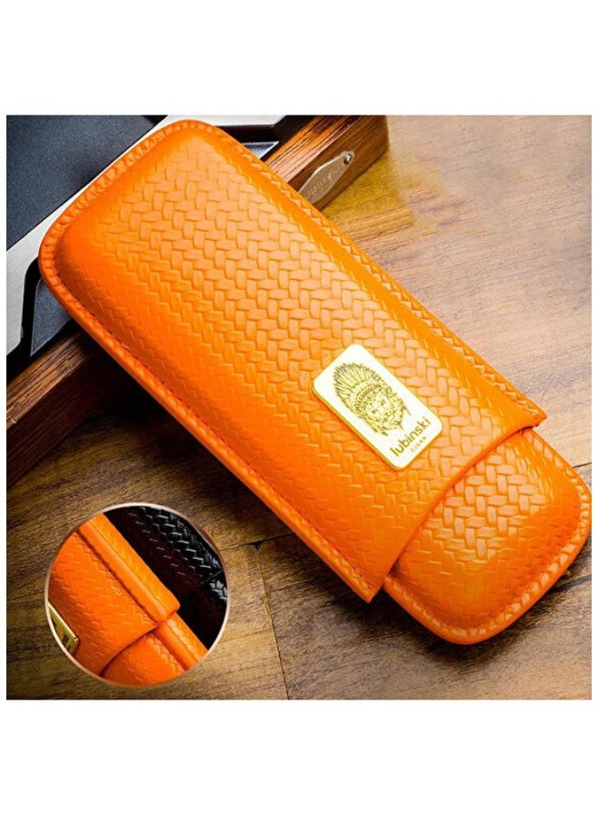 LUBINSKI Portable Travel Cigar case Premium ORANGE leather capacity 2 - Image 2