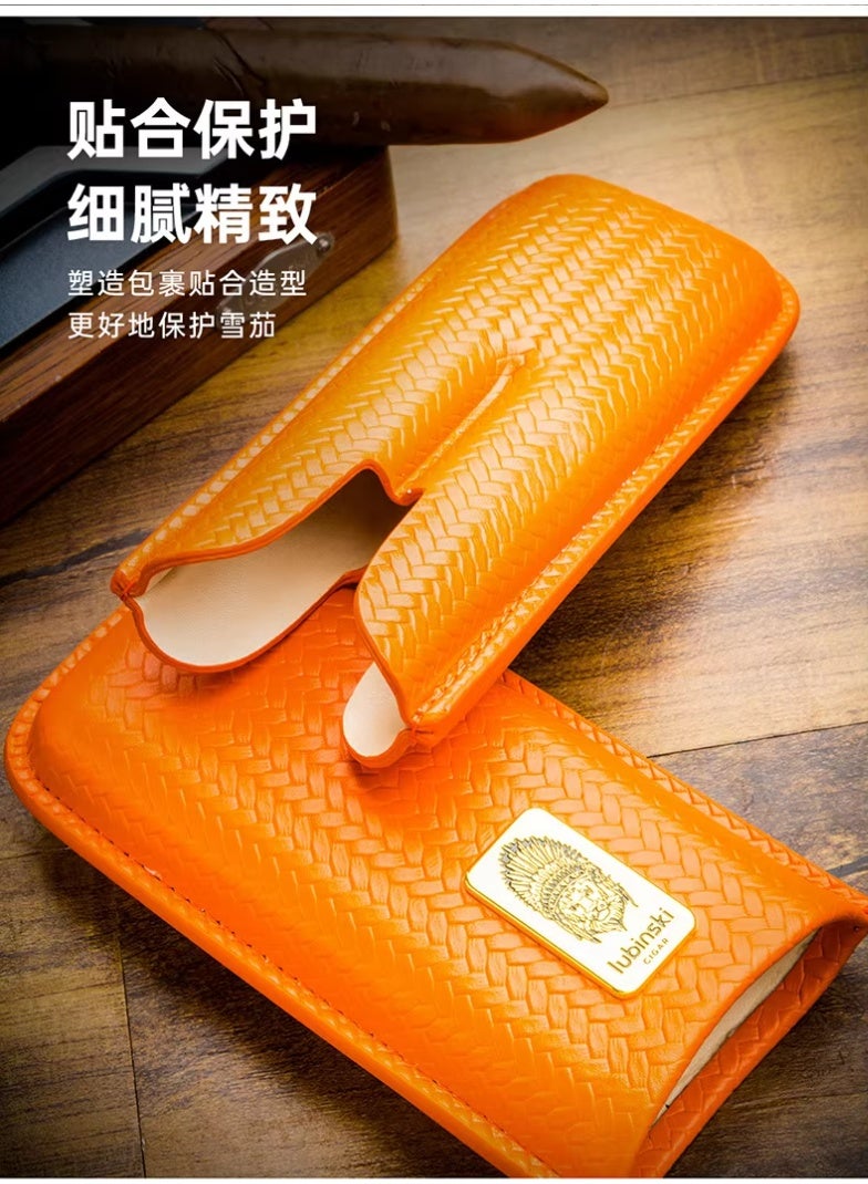 LUBINSKI Portable Travel Cigar case Premium ORANGE leather capacity 2 - Image 3