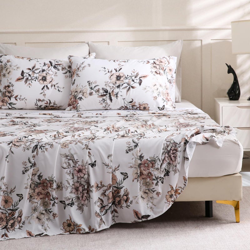 LONAVA Solid and Printed King Size Bed Sheet Set - 6-Piece, Includes Solid Fitted Sheet, Printed Flat Sheet, OEKOTEX Certified, 100% Brushed Microfiber, Comfortable and Breathable, G24097 - Image 1