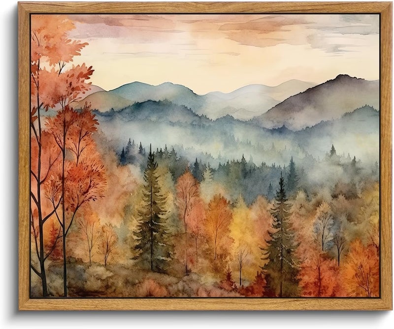 Framed Vintage Wall Art for Living Room & Bedroom, Retro Autumn Watercolor Country Landscape Canvas Painting, Rustic Fall Bathroom Decor, Vintage Room Decor (16"x24")