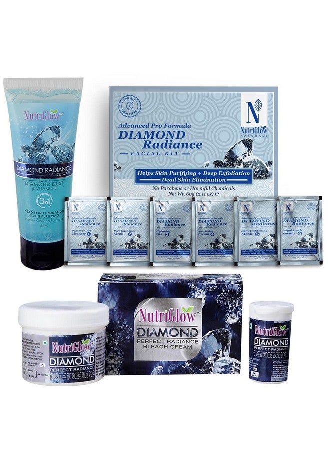 NUTRIGLOW Natural'S Advanced Pro Formula Diamond Radiance Facial Kit (60Gm) Diamond Radiance Bleach (43Gm) & Diamond Radiance Face Wash (65Ml) For Reduce Acne & Pigmentation Free Skin Pack Of 3 - Image 1