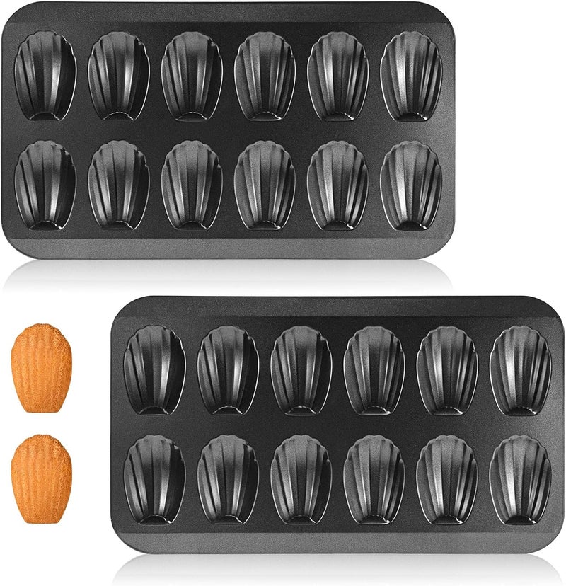 CGGYYZ 2 Pack Madeleine Pans for Baking, 12 Cavity Heavy Duty Shell Shape Baking Mold Nonstick Cookie Cake Pan for Oven（BLACK） - Image 1