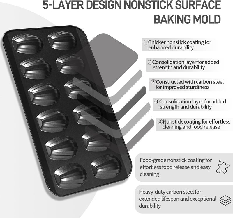 CGGYYZ 2 Pack Madeleine Pans for Baking, 12 Cavity Heavy Duty Shell Shape Baking Mold Nonstick Cookie Cake Pan for Oven（BLACK） - Image 5