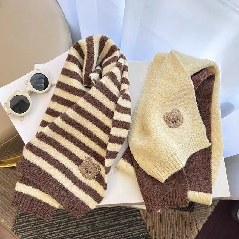 Children'S Woolen Scarf Korean Style Color-Blocked Stripesd Knitted Embroidered Korean Bear Cute Woolen Scarf For Boys And Girls - Image 4