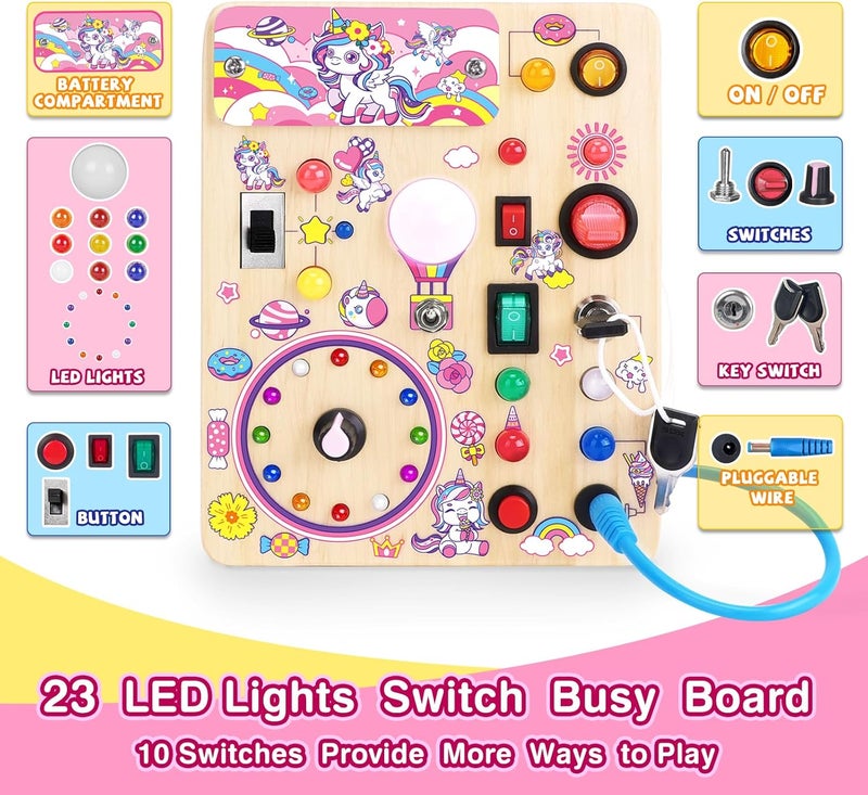 Grarain Busy Board with led Light，Montessori Toys for 1+ Year Old，Wooden Toddler Busy Board，Sensory Toys for Kids with Autism，Busy Board for Toddlers 2-4(Unicorn Busy Board Plus V2) - Image 5