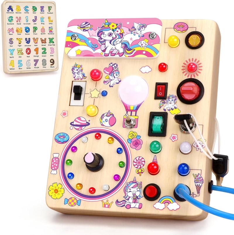 Grarain Busy Board with led Light，Montessori Toys for 1+ Year Old，Wooden Toddler Busy Board，Sensory Toys for Kids with Autism，Busy Board for Toddlers 2-4(Unicorn Busy Board Plus V2) - Image 1