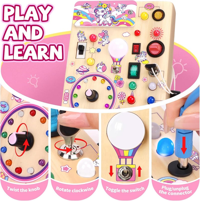 Grarain Busy Board with led Light，Montessori Toys for 1+ Year Old，Wooden Toddler Busy Board，Sensory Toys for Kids with Autism，Busy Board for Toddlers 2-4(Unicorn Busy Board Plus V2) - Image 3
