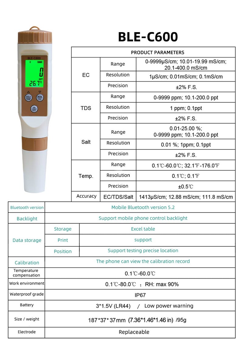 Smart 7in1 PH/TDS/EC/ORP/Salinity/S.G/Temperature Bluetooth ph Meter - Image 2