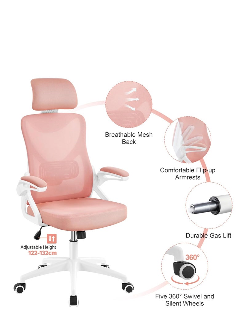 Arabest Office Computer Desk Chair, Ergonomic High-Back Mesh Rolling Work Chairs with Wheels and Adjustable Headrests, Comfortable Lumbar Support, Comfy Flip-up Arms for Home,Bedroom,Study, Pink - Image 3