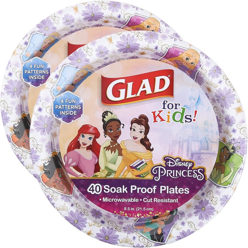 Glad for Kids Disney Princess Paper Plates | Disney Princess Paper Plates, Kids Snack Plate for Everyday Use, 8.5 Inch, 40 Count - 2 Pack - Image 1