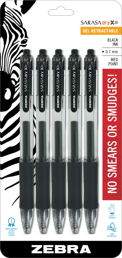 Zebra Pen أقلام جيل زيبرا بن ساراسا دراي X20 القابلة للسحب، 0.7 مم نقطة متوسطة، حبر أسود بتقنية الحبر السريع الجفاف، مثالية لمستلزمات المكتب والمدرسة، عبوة 5 أقلام (46855) - Image 5