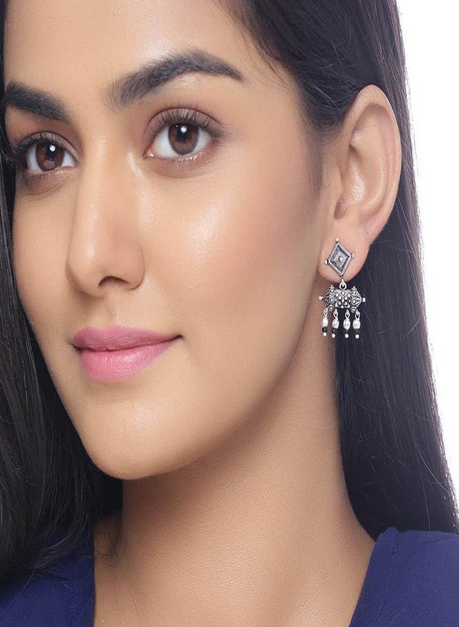 Voylla Oxidised Silver Brass Geometric Design Ethnic Earrings with Black Beads for Women and Girls - Image 3
