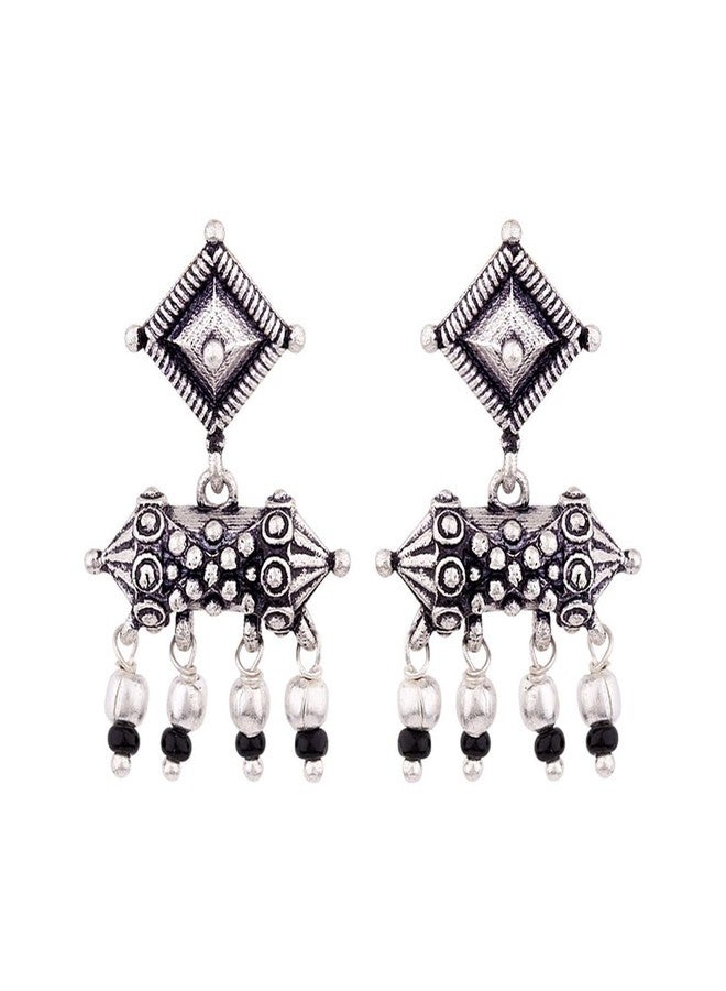 Voylla Oxidised Silver Brass Geometric Design Ethnic Earrings with Black Beads for Women and Girls - Image 1
