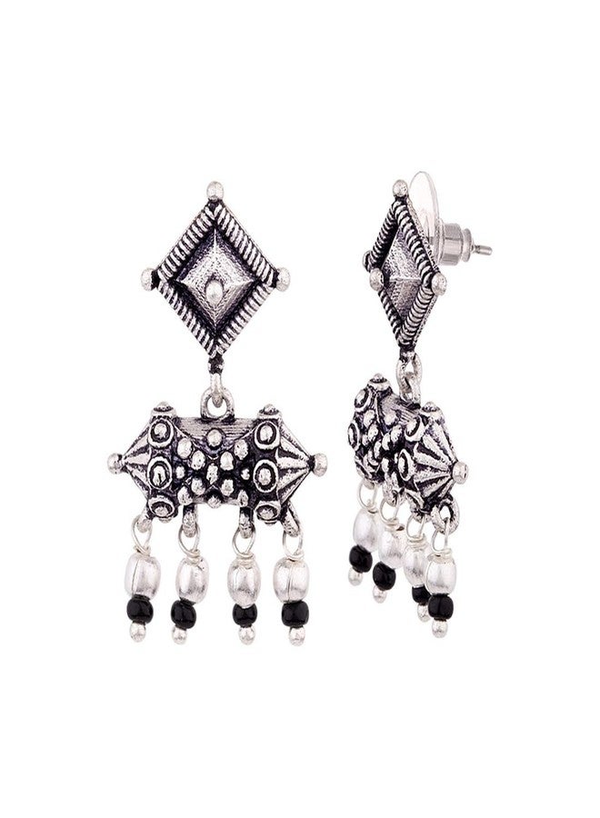 Voylla Oxidised Silver Brass Geometric Design Ethnic Earrings with Black Beads for Women and Girls - Image 4
