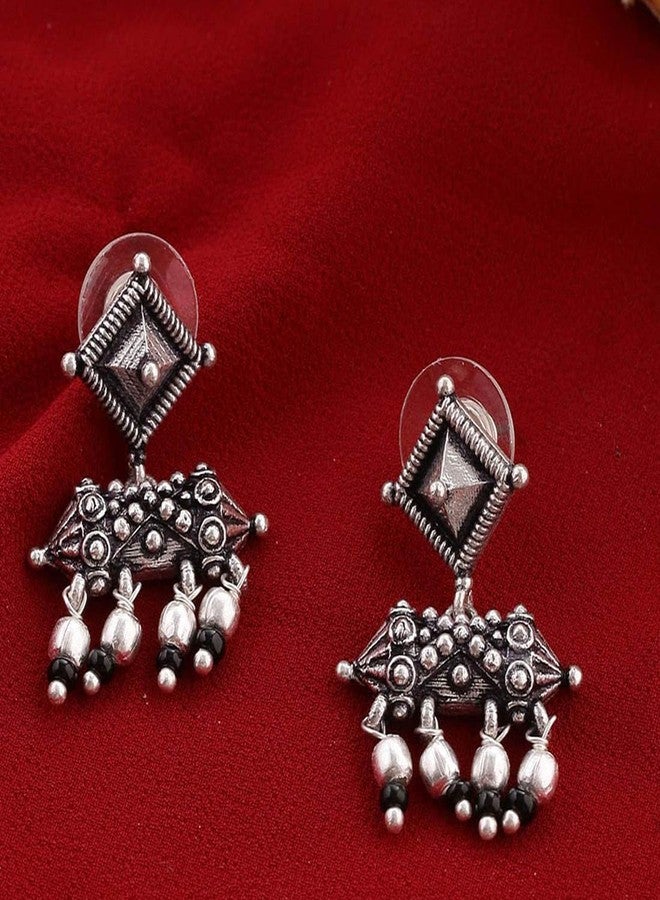 Voylla Oxidised Silver Brass Geometric Design Ethnic Earrings with Black Beads for Women and Girls - Image 2
