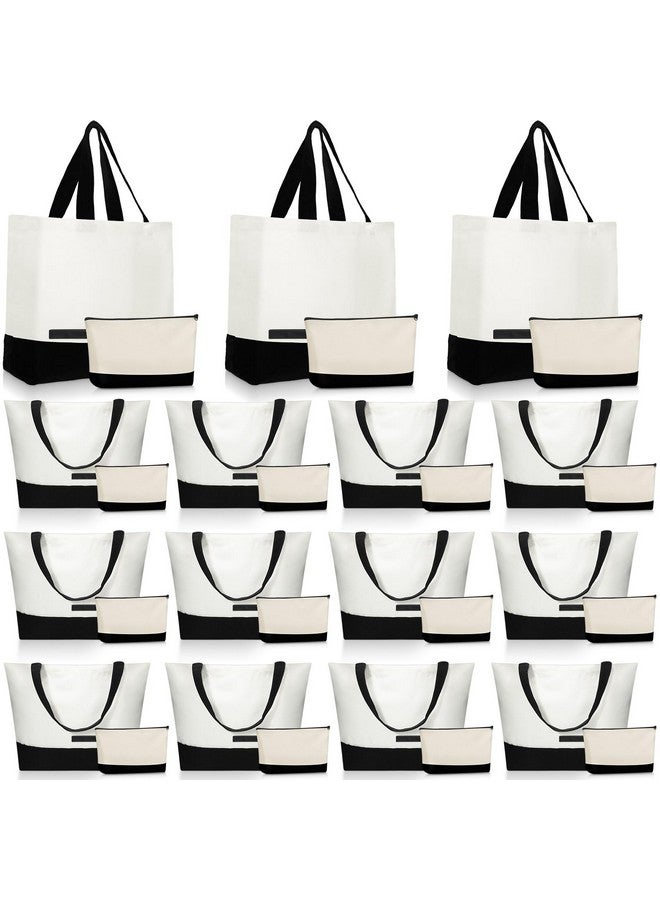 Sanwuta 30 Pcs Canvas Tote Bags Bulk with Zipper Cosmetic Bags 18.5" Reusable Cotton Canvas Shopping Bags with Handles(Black) - Image 1