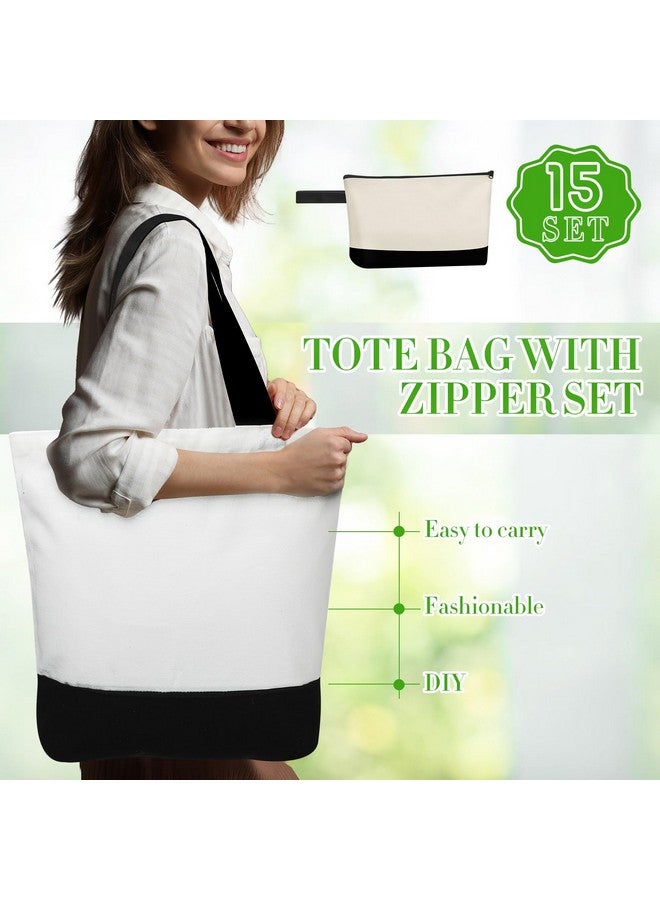 Sanwuta 30 Pcs Canvas Tote Bags Bulk with Zipper Cosmetic Bags 18.5" Reusable Cotton Canvas Shopping Bags with Handles(Black) - Image 5