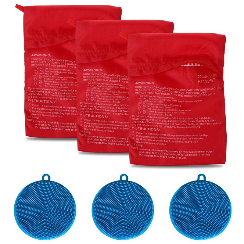 Roucerlin 3 Pack of Microwave Potato Bag Kit with 3PCS Silicone Vegetable Scrubber Brush Reusable Baked Potato Pouch and Multipurpose Silicone Dish Sponge Blue 