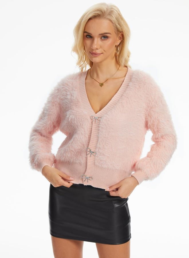 Yimoon Women's Women Crop Fuzzy Cardigan Sweater Bowknot Brooch Button Knit Cardigans V Neck Long Sleeve Soft Knitwear, Pink, L - Image 4
