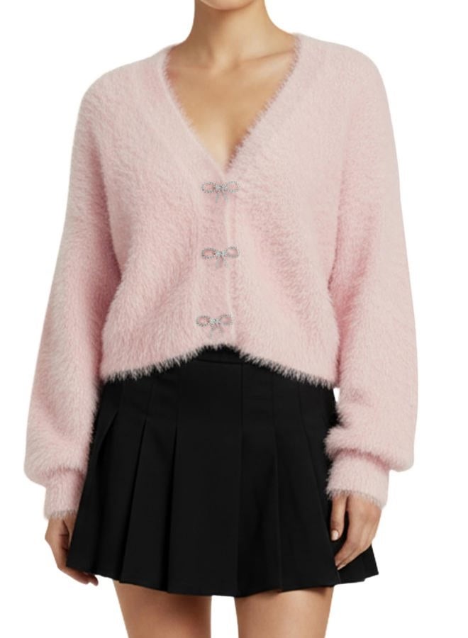Yimoon Women's Women Crop Fuzzy Cardigan Sweater Bowknot Brooch Button Knit Cardigans V Neck Long Sleeve Soft Knitwear, Pink, L - Image 1