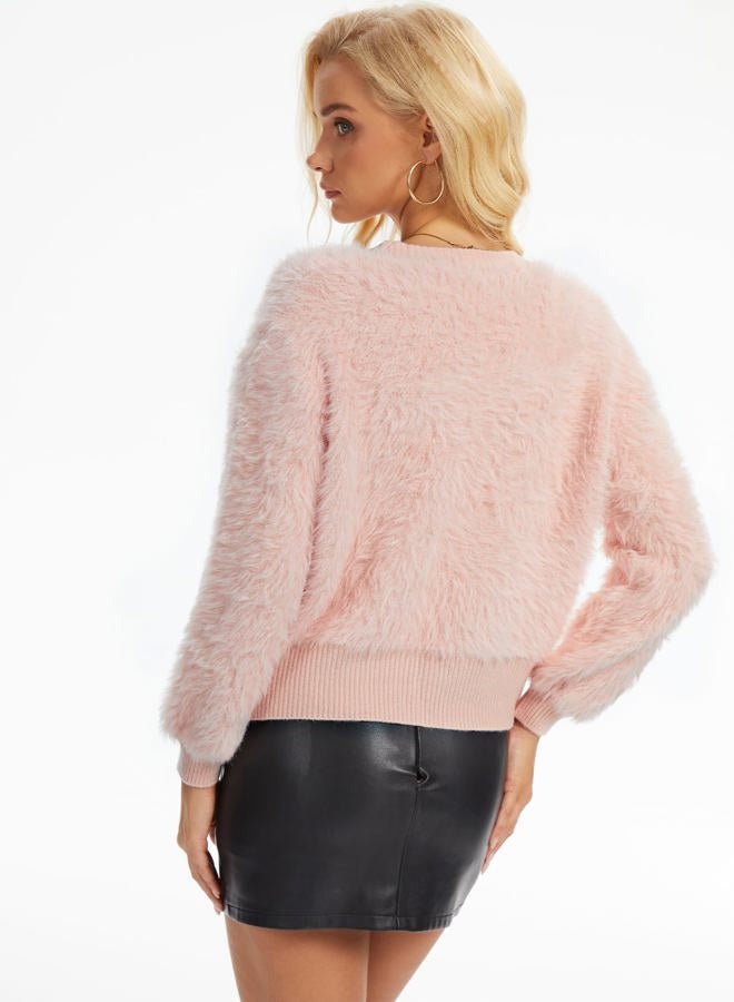 Yimoon Women's Women Crop Fuzzy Cardigan Sweater Bowknot Brooch Button Knit Cardigans V Neck Long Sleeve Soft Knitwear, Pink, L - Image 2