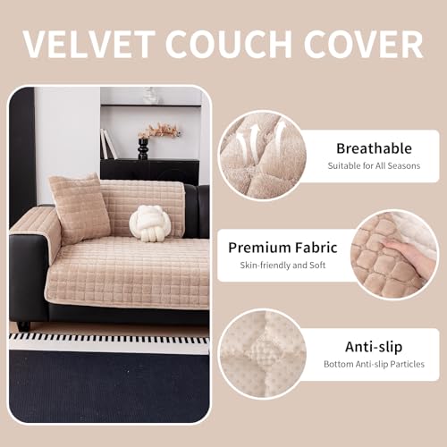 MDSASFD Velvet Couch Cover Washable Sectional Sofa Cover Anti Slip Sofa Slipcover for 3 Cushion Couch Sofa L Shaped Armrest Backrest Furniture Protector Covers for Pets KidsKhaki Only 1 PCS - Image 3