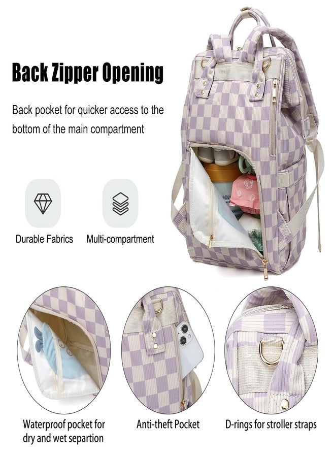 Dezcrab Baby Diaper Bag Backpack for Mom, Large Capacity Travel Nappy Bag for Boys & Girls with Stroller Straps (Corduroy Checkered Purple) - Image 4