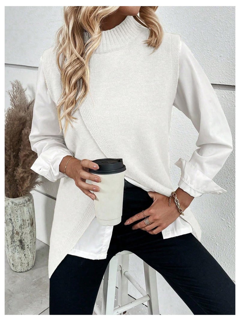 Verdusa Women's Sleeveless Sweater Vest Spring Business Casual Outfits Mock Neck Knit Pullover Sweaters Going Out Tops White Solid Medium - Image 4
