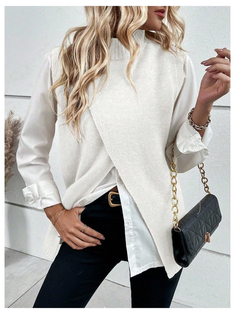 Verdusa Women's Sleeveless Sweater Vest Spring Business Casual Outfits Mock Neck Knit Pullover Sweaters Going Out Tops White Solid Medium - Image 3
