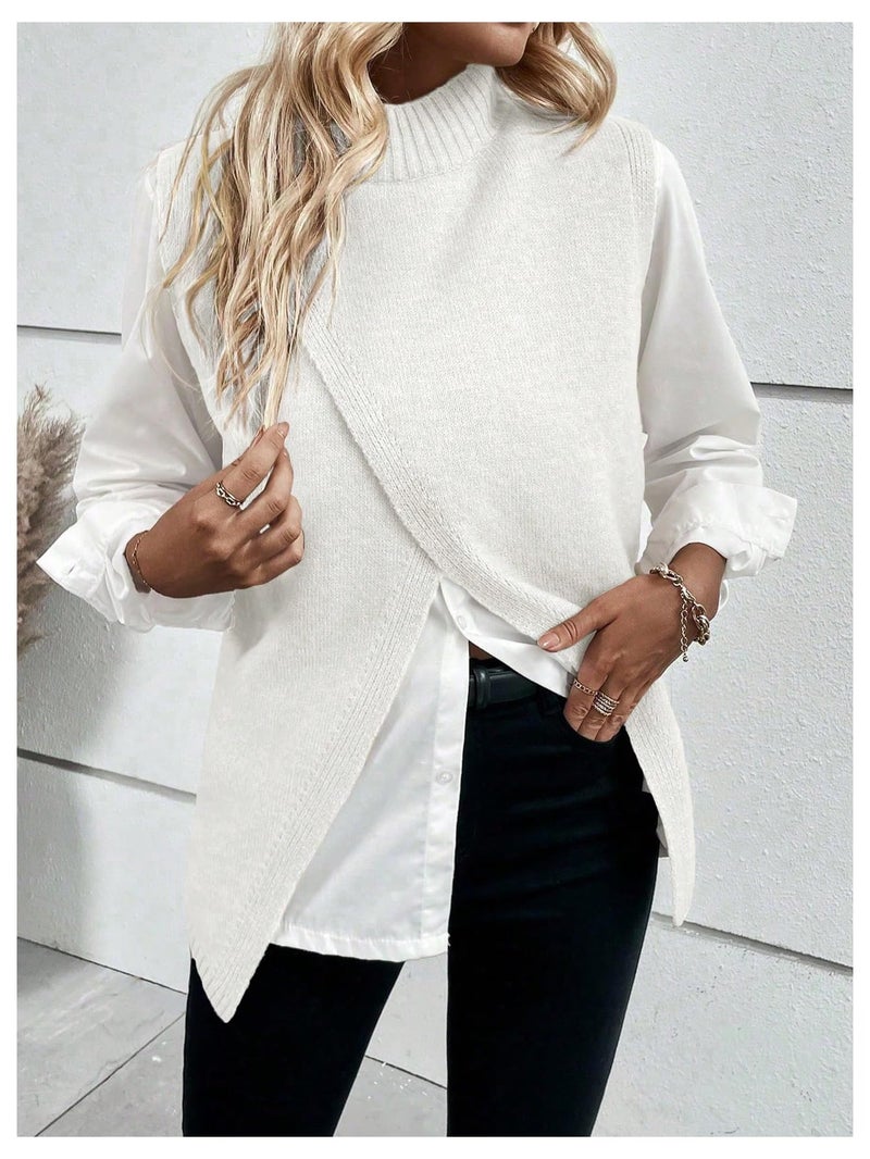 Verdusa Women's Sleeveless Sweater Vest Spring Business Casual Outfits Mock Neck Knit Pullover Sweaters Going Out Tops White Solid Medium - Image 5