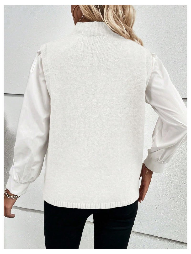 Verdusa Women's Sleeveless Sweater Vest Spring Business Casual Outfits Mock Neck Knit Pullover Sweaters Going Out Tops White Solid Medium - Image 2