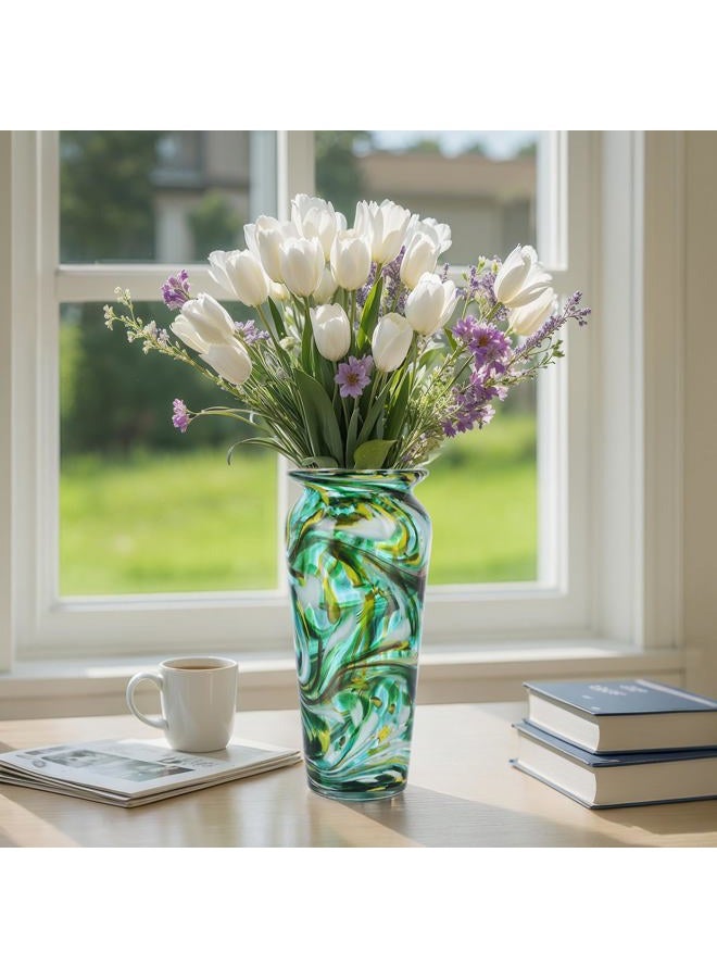 DOVDOV Blown Glass Green vase, Green Home Decorations, Modern Art Wide Mouth vase for Living Room Dining Table Coffee Table entryway TV Cabinet nightstand Centerpiece. - Image 3