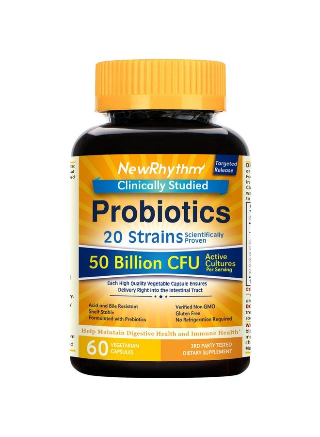 NewRhythm Probiotics 50 Billion CFU 20 Strains, 60 Veggie Capsules, Targeted Release Technology, Stomach Acid Resistant, No Need for Refrigeration, Non-GMO, Gluten Free - Image 1